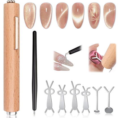 FOWSRHRG 3-in-1 Katzenaugen-Nagelmagnet-Set aus Holz – Magnetstift, Stahlkugelmagnet und Herz-Magnet für Katzenaugen-Nagellack, DIY Nagelkunst für zu Hause