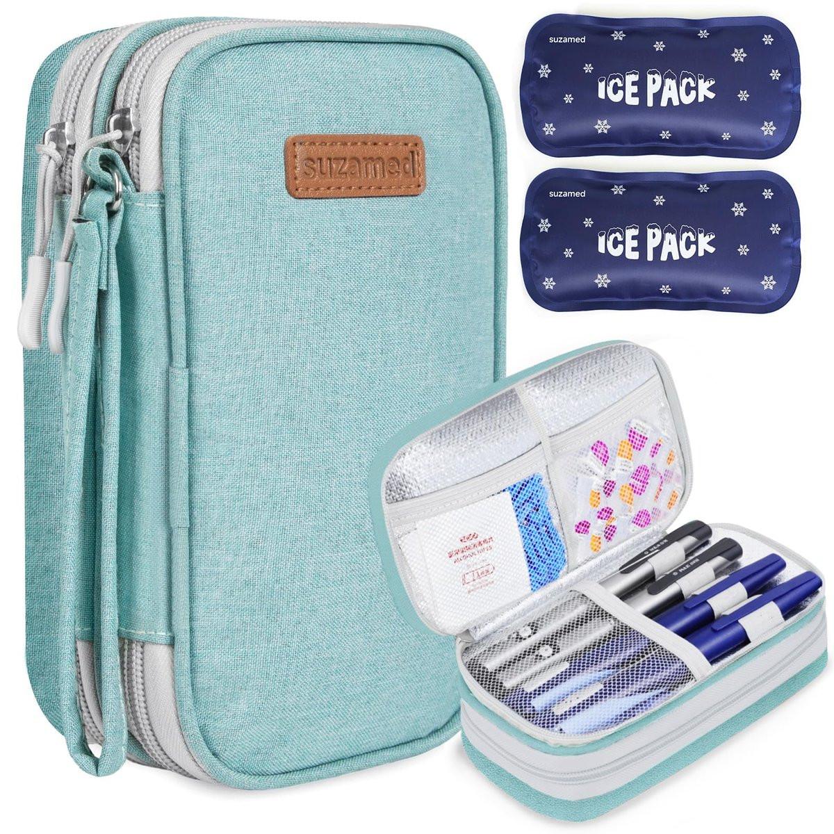suzamed Insulin Kühltasche Reiseetui, doppellagige Medikamententasche für Diabetes, tragbare Medikamentenorganizer mit 2x 150g Kühlakkus, TSA-zugelassen für Insulin-Pens und Diabetikerzubehör (Grün)
