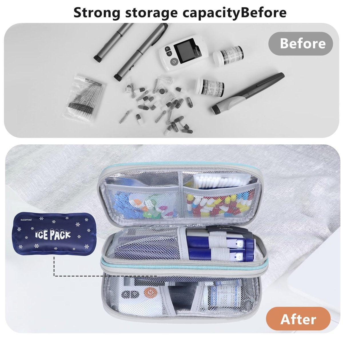 suzamed Insulin Kühltasche Reiseetui, doppellagige Medikamententasche für Diabetes, tragbare Medikamentenorganizer mit 2x 150g Kühlakkus, TSA-zugelassen für Insulin-Pens und Diabetikerzubehör (Grün)