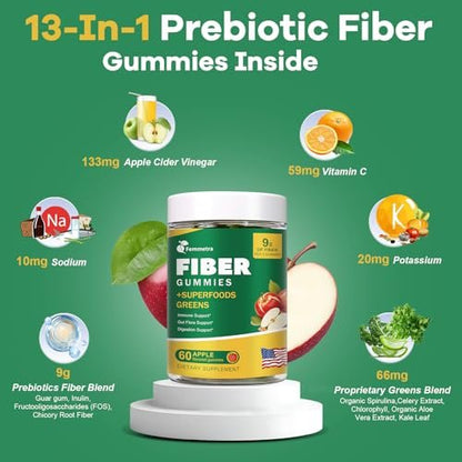 9G Ballaststoff-Gummis für Verdauungsgesundheit & Regelmäßigkeit – Ohne Zuckerzusatz, Apfelgeschmack – Präbiotisches Ballaststoffpräparat mit Grünzeug – Tägliche Gummis für Erwachsene, Frauen & Männer – 60 Stück