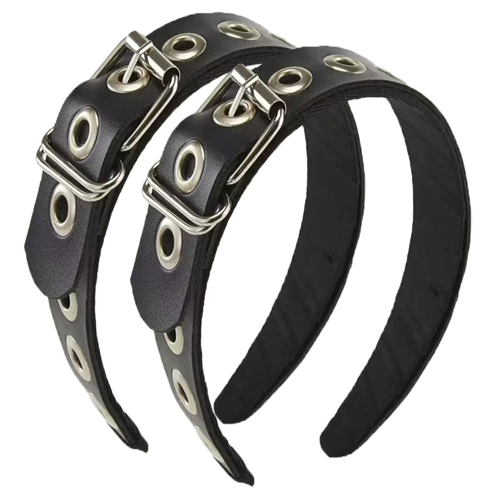 BaBakiak Gothic Punk Style Metall-Spangen-Haarband für Frauen, Gürteldesign Schwarzes Leder-Haarband, 2er-Set Haaraccessoires