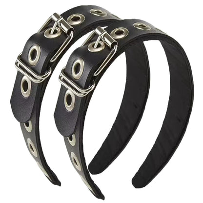 BaBakiak Gothic Punk Style Metall-Spangen-Haarband für Frauen, Gürteldesign Schwarzes Leder-Haarband, 2er-Set Haaraccessoires