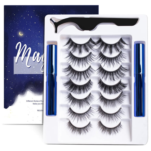 Magnetische Wimpern Set – 7 Paar wiederverwendbare 3D-Naturlook Wimpern mit Eyeliner & Pinzette, kein Kleber nötig, einfach anzuwenden, leicht & wasserfest (7 Paar)