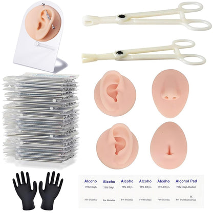 Piercing Kit Silikon Modell Körperteile Displays, 39-teiliges Piercing-Set, 25 gemischte 12G 14G 16G 18G 20G Ohr-Nasen-Piercing-Nadeln, 2 Piercing-Klemmen, 6 Reinigungswerkzeuge, 2 Handschuhe, weiches Fake-Nasen-Nabel-Ohr-5D-Modell