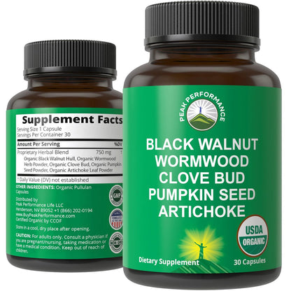 USDA Organic Wormwood Black Walnut Clove Cleanse für Menschen – Entgiftung & Darmunterstützung Kapseln für Erwachsene und Kinder mit Artischocke und Kürbiskernen