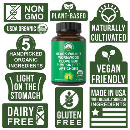 USDA Organic Wormwood Black Walnut Clove Cleanse für Menschen – Entgiftung & Darmunterstützung Kapseln für Erwachsene und Kinder mit Artischocke und Kürbiskernen