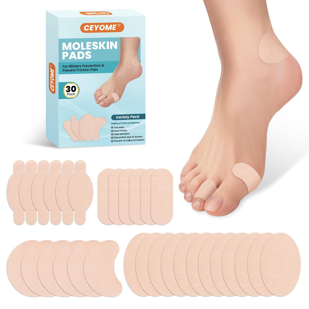 Moleskin Klebepads & Blasenpflaster für Füße - 30 Stück Moleskin Polsterung für Füße, Schuhe, Zehen, Ferse - Blasenprävention Tape-Patch für Gehen, Laufen & Sport - Vielseitig einsetzbar