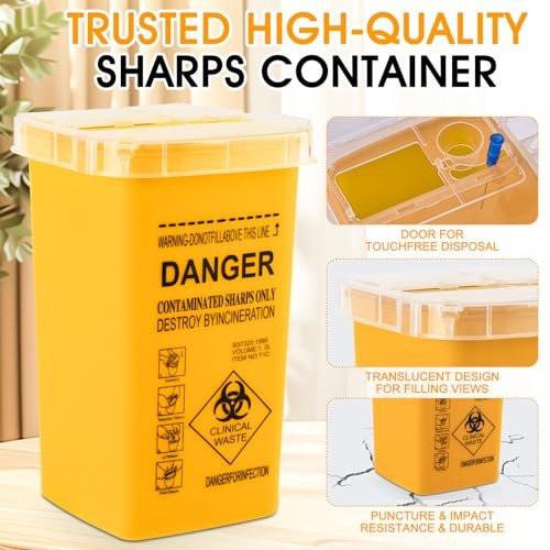 MITINU Gelber 1 Quart (3er-Pack) Sharps Behälter für den Heimgebrauch, Nadelentsorgungsbehälter, Biohazard Behälter, Spritzenentsorgung, kleiner tragbarer Behälter für Reisen, professionelle Entsorgung von scharfen Abfällen