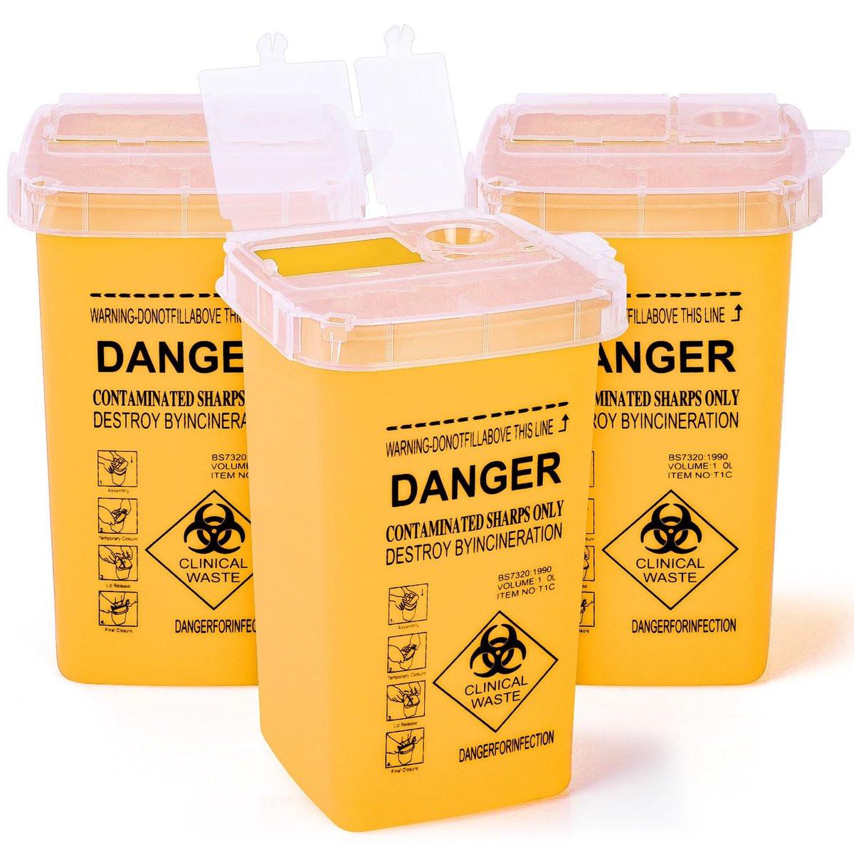 MITINU Gelber 1 Quart (3er-Pack) Sharps Behälter für den Heimgebrauch, Nadelentsorgungsbehälter, Biohazard Behälter, Spritzenentsorgung, kleiner tragbarer Behälter für Reisen, professionelle Entsorgung von scharfen Abfällen