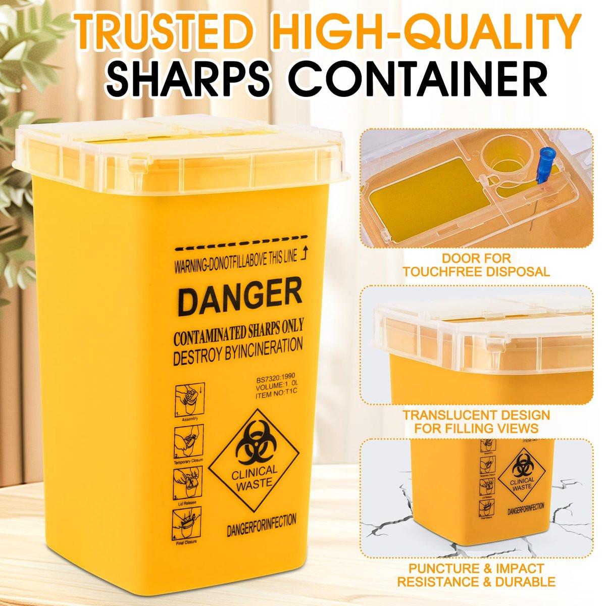 MITINU Gelber 1 Quart (3er-Pack) Sharps Behälter für den Heimgebrauch, Nadelentsorgungsbehälter, Biohazard Behälter, Spritzenentsorgung, kleiner tragbarer Behälter für Reisen, professionelle Entsorgung von scharfen Abfällen