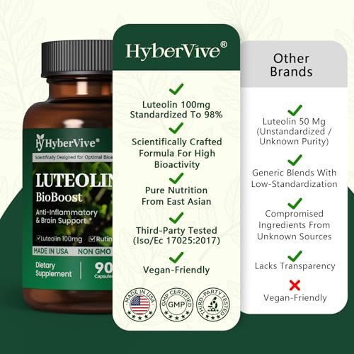 HyberVive Luteolin Kapseln, 98% Ultra-Reines Luteolin-Extrakt – Pflanzliches Flavonoid für Gehirngesundheit, Immununterstützung & Entzündungsgleichgewicht – Hergestellt in USA, 90 Vegane Kapseln