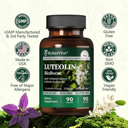 HyberVive Luteolin Kapseln, 98% Ultra-Reines Luteolin-Extrakt – Pflanzliches Flavonoid für Gehirngesundheit, Immununterstützung & Entzündungsgleichgewicht – Hergestellt in USA, 90 Vegane Kapseln