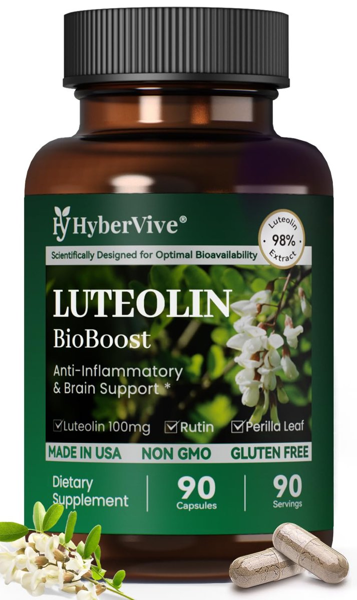 HyberVive Luteolin Kapseln, 98% Ultra-Reines Luteolin-Extrakt – Pflanzliches Flavonoid für Gehirngesundheit, Immununterstützung & Entzündungsgleichgewicht – Hergestellt in USA, 90 Vegane Kapseln