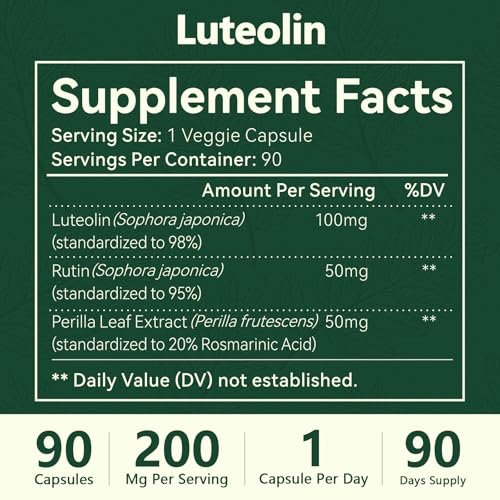 HyberVive Luteolin Kapseln, 98% Ultra-Reines Luteolin-Extrakt – Pflanzliches Flavonoid für Gehirngesundheit, Immununterstützung & Entzündungsgleichgewicht – Hergestellt in USA, 90 Vegane Kapseln