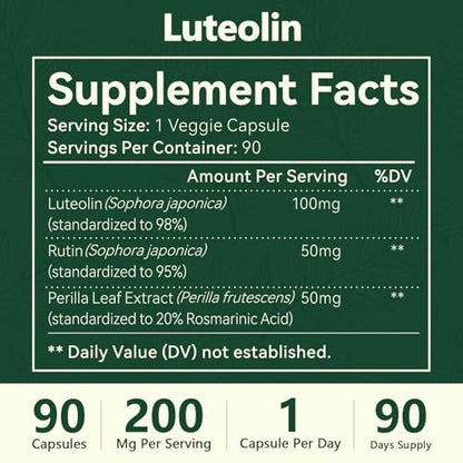 HyberVive Luteolin Kapseln, 98% Ultra-Reines Luteolin-Extrakt – Pflanzliches Flavonoid für Gehirngesundheit, Immununterstützung & Entzündungsgleichgewicht – Hergestellt in USA, 90 Vegane Kapseln