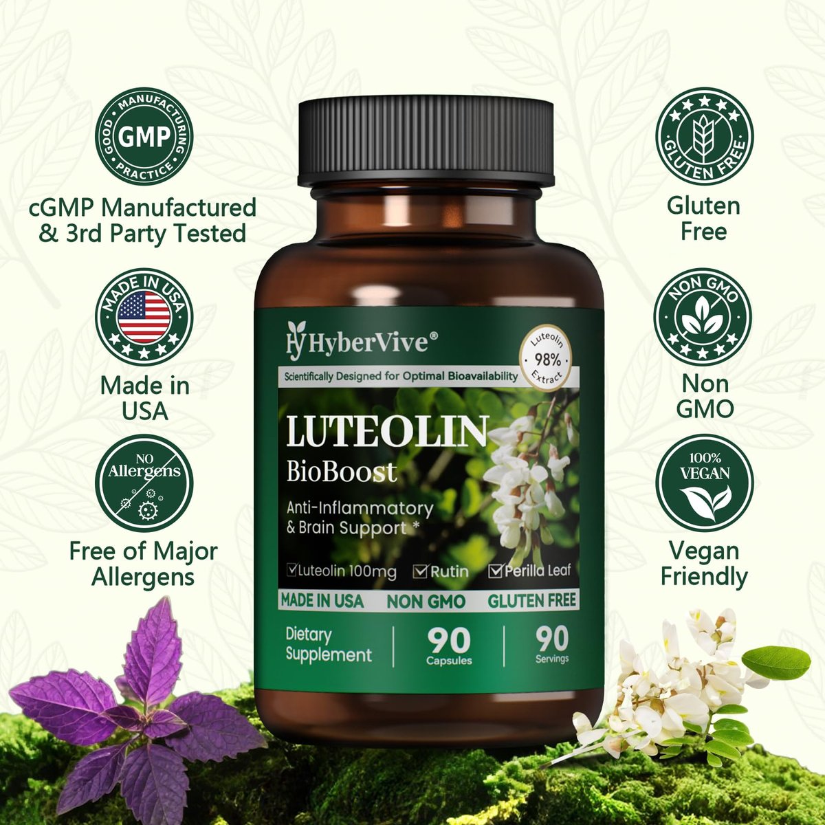 HyberVive Luteolin Kapseln, 98% Ultra-Reines Luteolin-Extrakt – Pflanzliches Flavonoid für Gehirngesundheit, Immununterstützung & Entzündungsgleichgewicht – Hergestellt in USA, 90 Vegane Kapseln