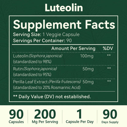 HyberVive Luteolin Kapseln, 98% Ultra-Reines Luteolin-Extrakt – Pflanzliches Flavonoid für Gehirngesundheit, Immununterstützung & Entzündungsgleichgewicht – Hergestellt in USA, 90 Vegane Kapseln