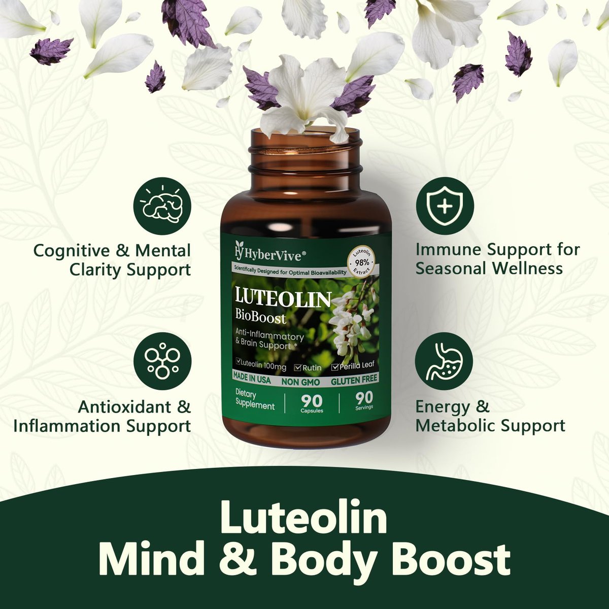 HyberVive Luteolin Kapseln, 98% Ultra-Reines Luteolin-Extrakt – Pflanzliches Flavonoid für Gehirngesundheit, Immununterstützung & Entzündungsgleichgewicht – Hergestellt in USA, 90 Vegane Kapseln
