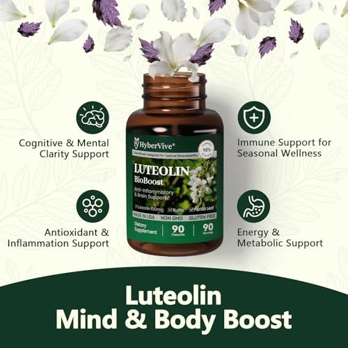 HyberVive Luteolin Kapseln, 98% Ultra-Reines Luteolin-Extrakt – Pflanzliches Flavonoid für Gehirngesundheit, Immununterstützung & Entzündungsgleichgewicht – Hergestellt in USA, 90 Vegane Kapseln