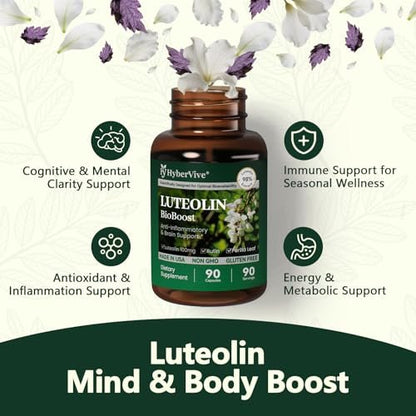 HyberVive Luteolin Kapseln, 98% Ultra-Reines Luteolin-Extrakt – Pflanzliches Flavonoid für Gehirngesundheit, Immununterstützung & Entzündungsgleichgewicht – Hergestellt in USA, 90 Vegane Kapseln