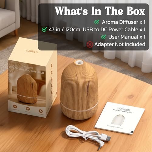 Salubrito Aroma-Diffuser 100ml – Mini Ultraschall-Diffuser für ätherische Öle, Holzmaserung, mit 7 LED-Farben, Auto-Abschaltung