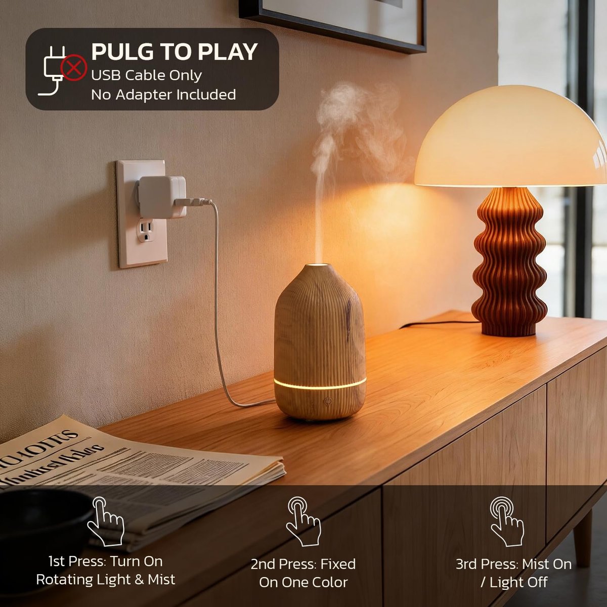 Salubrito Aroma-Diffuser 100ml – Mini Ultraschall-Diffuser für ätherische Öle, Holzmaserung, mit 7 LED-Farben, Auto-Abschaltung