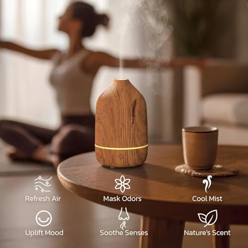 Salubrito Aroma-Diffuser 100ml – Mini Ultraschall-Diffuser für ätherische Öle, Holzmaserung, mit 7 LED-Farben, Auto-Abschaltung