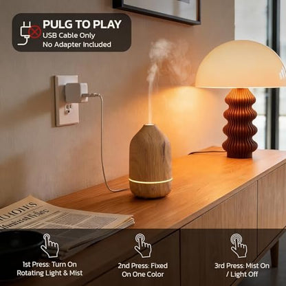 Salubrito Aroma-Diffuser 100ml – Mini Ultraschall-Diffuser für ätherische Öle, Holzmaserung, mit 7 LED-Farben, Auto-Abschaltung
