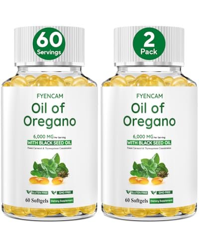 Oreganoöl mit Schwarzkümmelöl, 6000 mg Oreganoöl Kapseln Bio mit Carvacrol & Thymochinon, 2-in-1 Nahrungsergänzungsmittel für die Immunabwehr, Nicht-GVO, Leicht zu Schlucken, 2 Flaschen, Insgesamt 120 Softgels