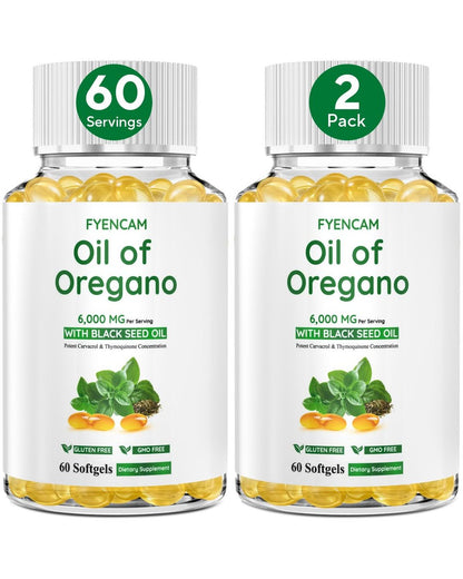 Oreganoöl mit Schwarzkümmelöl, 6000 mg Oreganoöl Kapseln Bio mit Carvacrol & Thymochinon, 2-in-1 Nahrungsergänzungsmittel für die Immunabwehr, Nicht-GVO, Leicht zu Schlucken, 2 Flaschen, Insgesamt 120 Softgels