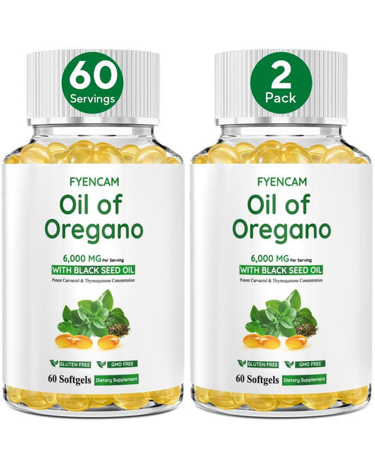 Oreganoöl mit Schwarzkümmelöl, 6000 mg Oreganoöl Kapseln Bio mit Carvacrol & Thymochinon, 2-in-1 Nahrungsergänzungsmittel für die Immunabwehr, Nicht-GVO, Leicht zu Schlucken, 2 Flaschen, Insgesamt 120 Softgels