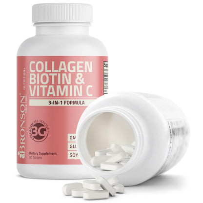 Bronson Kollagenpeptide 3000 mg (pro Portion) mit Biotin & Vitamin C – für Haar-, Haut- und Nagelunterstützung, Non-GMO, 90 Tabletten