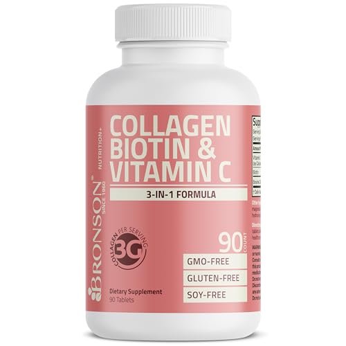 Bronson Kollagenpeptide 3000 mg (pro Portion) mit Biotin & Vitamin C – für Haar-, Haut- und Nagelunterstützung, Non-GMO, 90 Tabletten