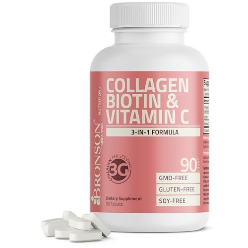 Bronson Kollagenpeptide 3000 mg (pro Portion) mit Biotin & Vitamin C – für Haar-, Haut- und Nagelunterstützung, Non-GMO, 90 Tabletten