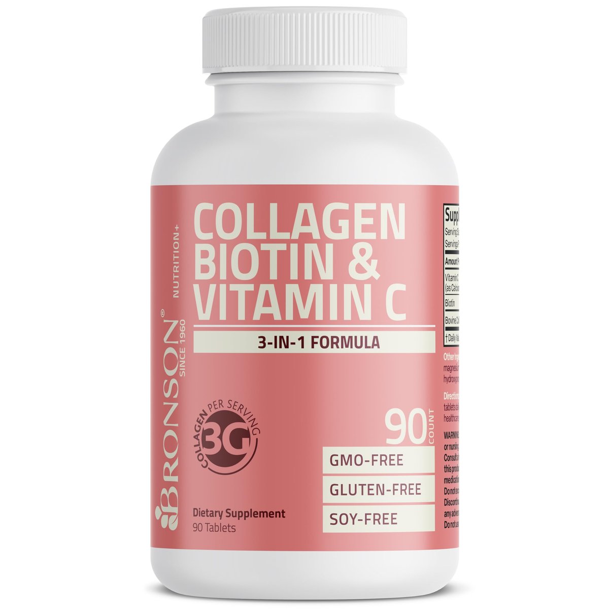 Bronson Kollagenpeptide 3000 mg (pro Portion) mit Biotin & Vitamin C – für Haar-, Haut- und Nagelunterstützung, Non-GMO, 90 Tabletten