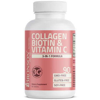 Bronson Kollagenpeptide 3000 mg (pro Portion) mit Biotin & Vitamin C – für Haar-, Haut- und Nagelunterstützung, Non-GMO, 90 Tabletten