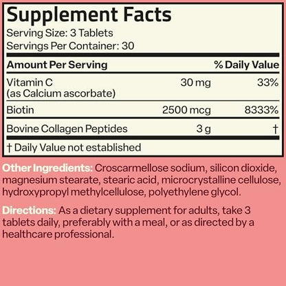 Bronson Kollagenpeptide 3000 mg (pro Portion) mit Biotin & Vitamin C – für Haar-, Haut- und Nagelunterstützung, Non-GMO, 90 Tabletten