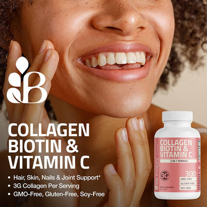 Bronson Kollagenpeptide 3000 mg (pro Portion) mit Biotin & Vitamin C – für Haar-, Haut- und Nagelunterstützung, Non-GMO, 90 Tabletten