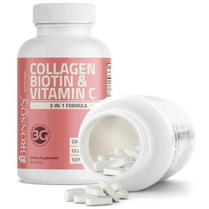 Bronson Kollagenpeptide 3000 mg (pro Portion) mit Biotin & Vitamin C – für Haar-, Haut- und Nagelunterstützung, Non-GMO, 90 Tabletten