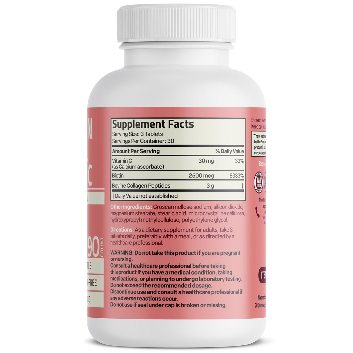 Bronson Kollagenpeptide 3000 mg (pro Portion) mit Biotin & Vitamin C – für Haar-, Haut- und Nagelunterstützung, Non-GMO, 90 Tabletten