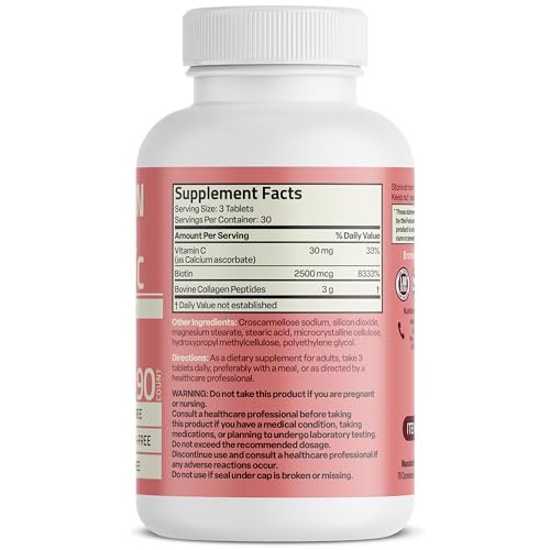 Bronson Kollagenpeptide 3000 mg (pro Portion) mit Biotin & Vitamin C – für Haar-, Haut- und Nagelunterstützung, Non-GMO, 90 Tabletten