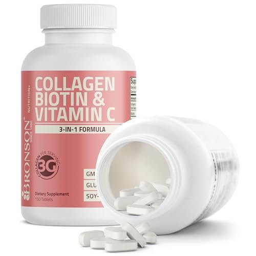 Bronson Kollagenpeptide 3000 mg (pro Portion) mit Biotin & Vitamin C – für Haar, Haut & Nägel, Nicht-GVO, 150 Tabletten