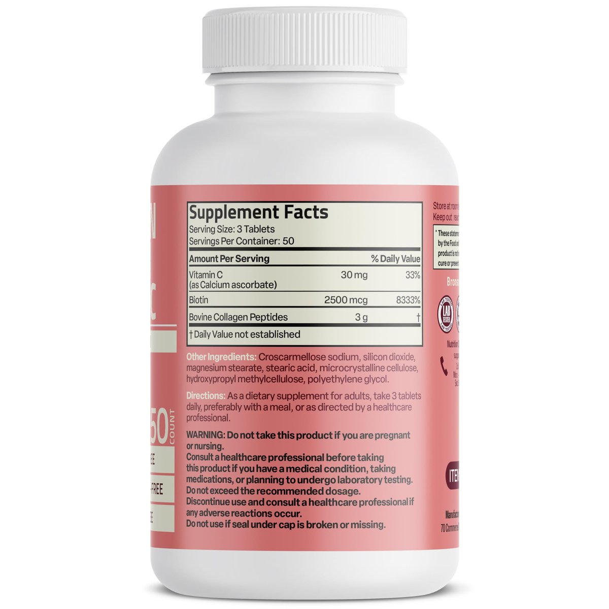 Bronson Kollagenpeptide 3000 mg (pro Portion) mit Biotin & Vitamin C – für Haar, Haut & Nägel, Nicht-GVO, 150 Tabletten
