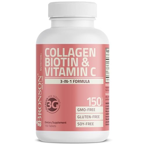 Bronson Kollagenpeptide 3000 mg (pro Portion) mit Biotin & Vitamin C – für Haar, Haut & Nägel, Nicht-GVO, 150 Tabletten