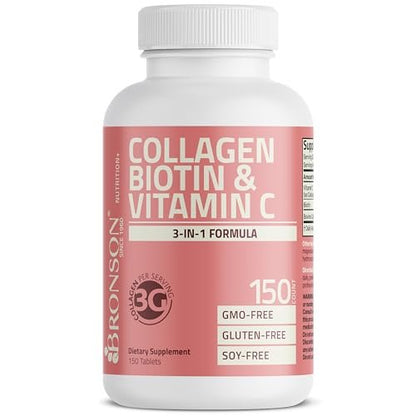 Bronson Kollagenpeptide 3000 mg (pro Portion) mit Biotin & Vitamin C – für Haar, Haut & Nägel, Nicht-GVO, 150 Tabletten