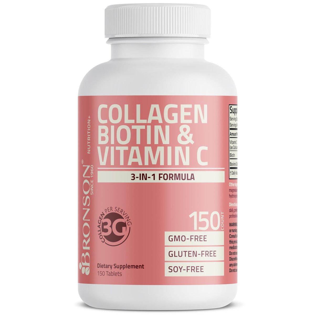 Bronson Kollagenpeptide 3000 mg (pro Portion) mit Biotin & Vitamin C – für Haar, Haut & Nägel, Nicht-GVO, 150 Tabletten