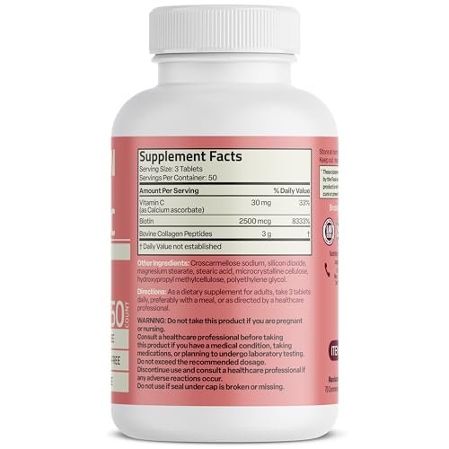 Bronson Kollagenpeptide 3000 mg (pro Portion) mit Biotin & Vitamin C – für Haar, Haut & Nägel, Nicht-GVO, 150 Tabletten