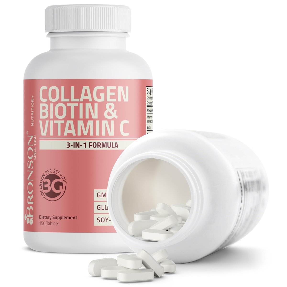 Bronson Kollagenpeptide 3000 mg (pro Portion) mit Biotin & Vitamin C – für Haar, Haut & Nägel, Nicht-GVO, 150 Tabletten