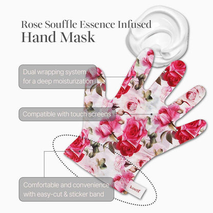 Koelf Rose Petal Satin Hand Mask (10 Paare) – Intensiv pflegende, feuchtigkeitsspendende Handschuhe mit Rosen-Duft, Peptiden, Kollagen und Sheabutter für geschmeidig weiche Haut – Handpflege-Behandlung