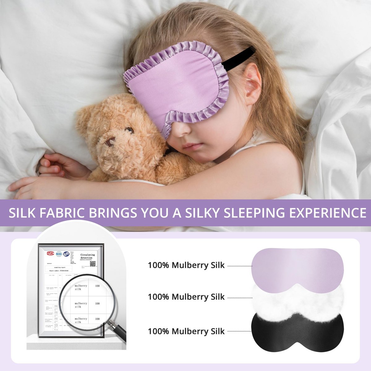 Kinder Schlafmaske, 100% echte Maulbeerseide Augenmaske, Schlafmaske für Kinder mit verstellbarem elastischem Band, weich & leicht, Schlafbrille Geschenk für Jungen Mädchen Teenager ab 5 Jahren (Lila)